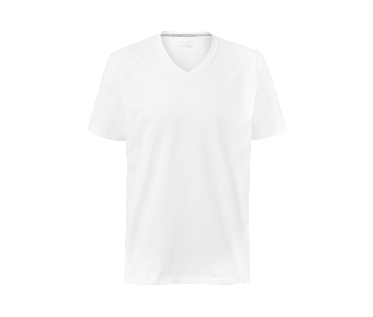 Fehér, rövid ujjú, V-nyakú póló.