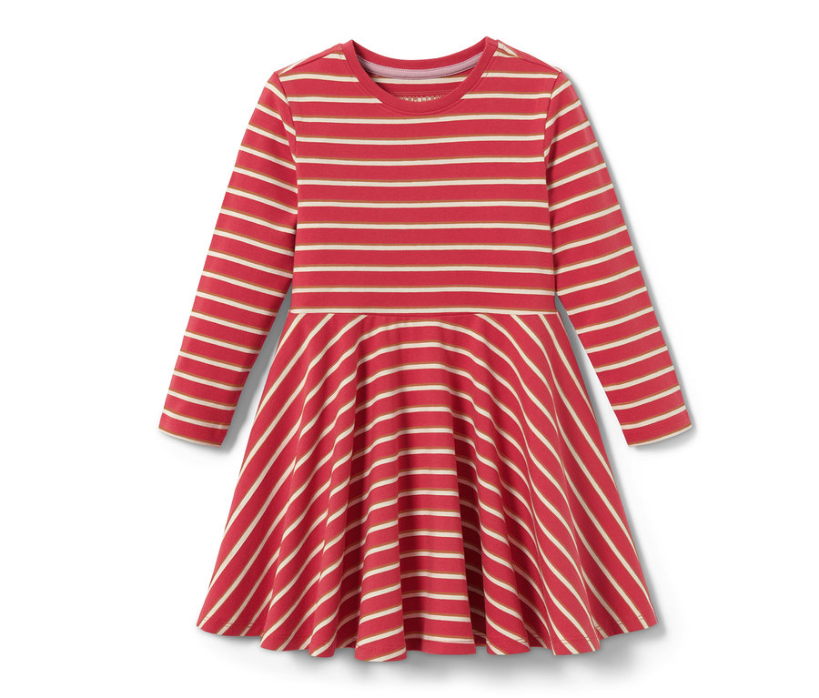Piros-fehér csíkos, hosszú ujjú jersey kislányruha.