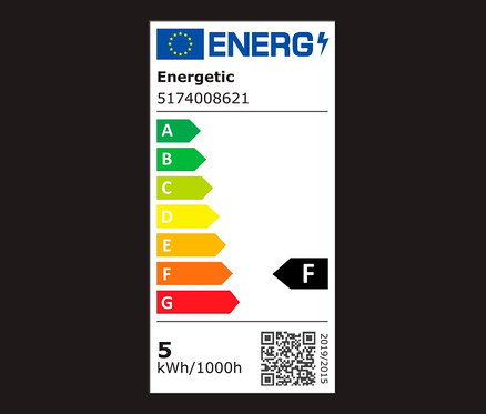Energetikai címke A-tól G-ig terjedő energiahatékonysági osztályokkal, a termék az F osztályba van sorolva.