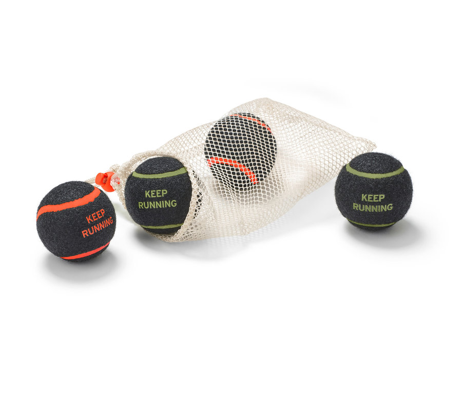 Négy játéklabda kutyáknak részben egy fehér hálós táskából szóródik ki.