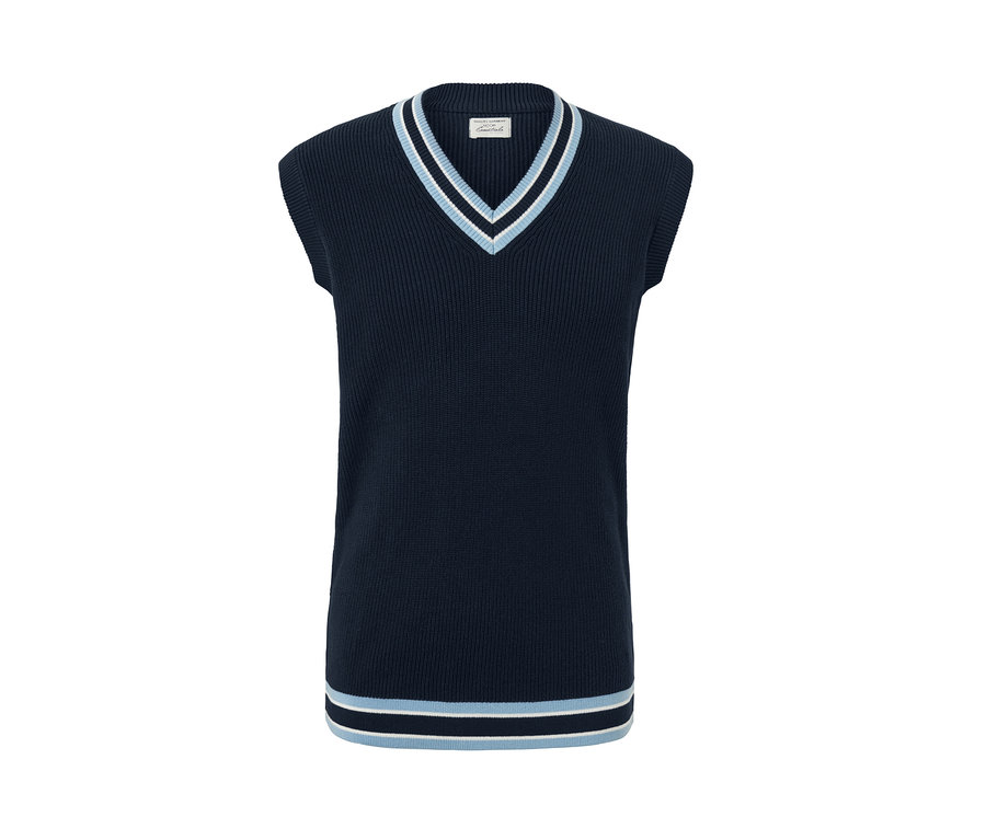 Sötétkék kötött mellény V-nyakkivágással, kék és fehér csíkokkal.