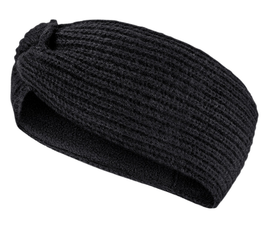 Egy fekete kötött fejpánt részlete.