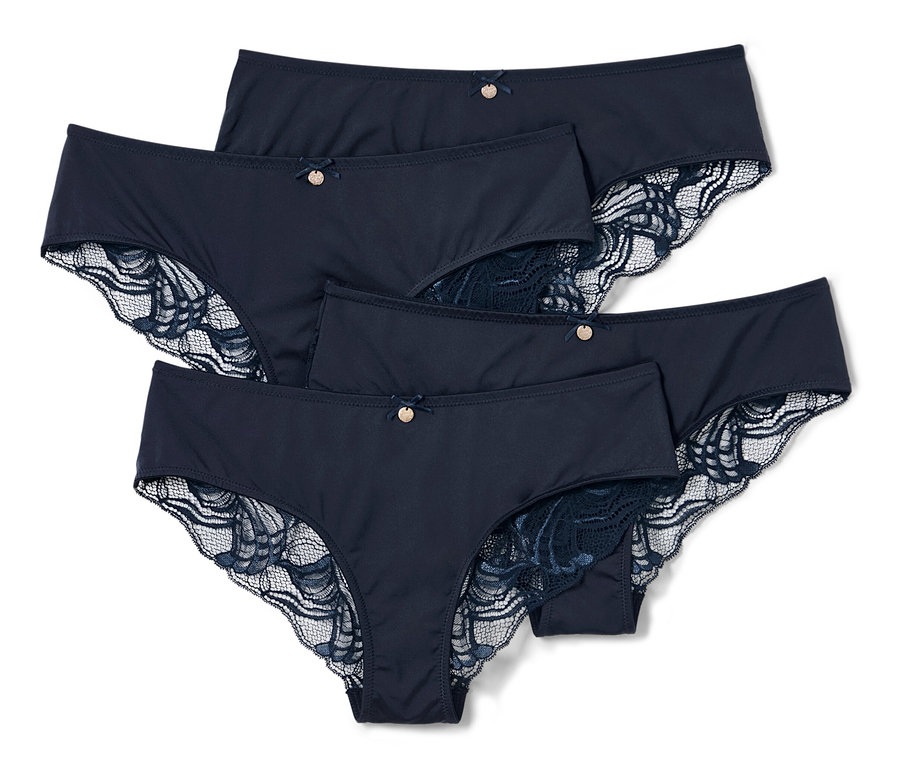 Négy sötétkék, csipkés brazil alsó.