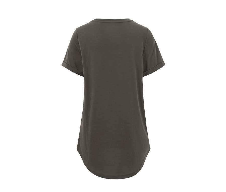 Hátulnézet az olívazöld női sportfelsőről.