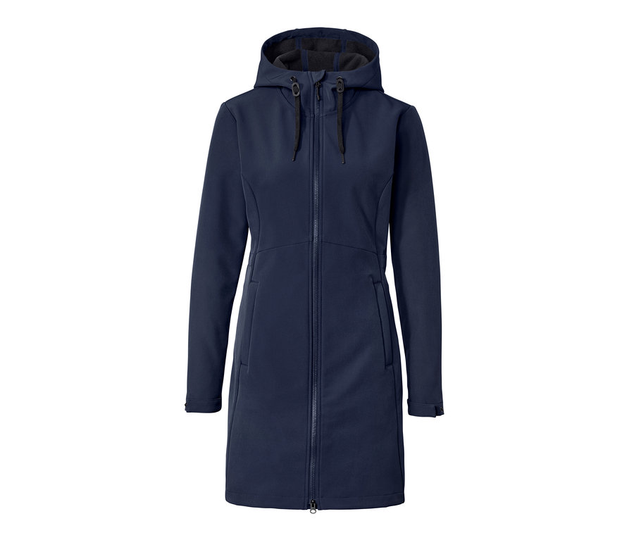 Kék softshell kabát kapucnival és cipzárral.