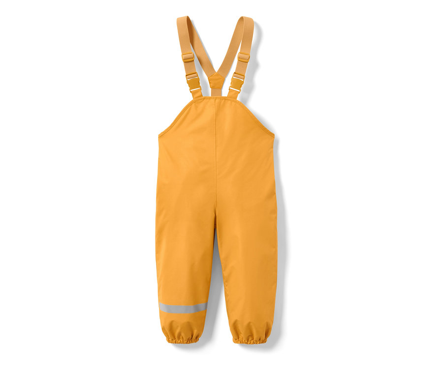 Kukoricasárga gyerek termo esőnadrág, állítható pántokkal és előkével.