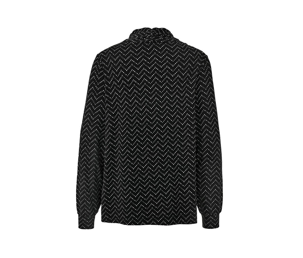 Fekete, hosszú ujjú, V-nyakkivágású, nyomtatott mintás női felső.