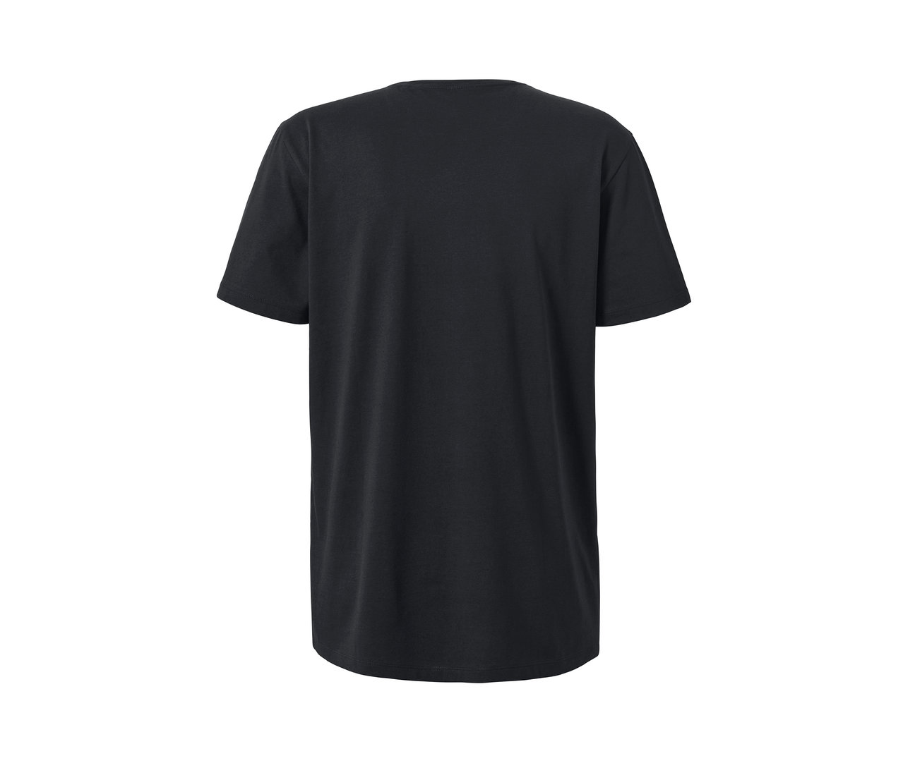 Egy fekete, rövid ujjú, V-nyakú póló részlete.