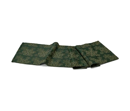 Zöld, hópelyhes mintázatú jacquard asztali futó.