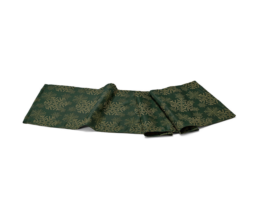 Zöld, hópelyhes mintázatú jacquard asztali futó.