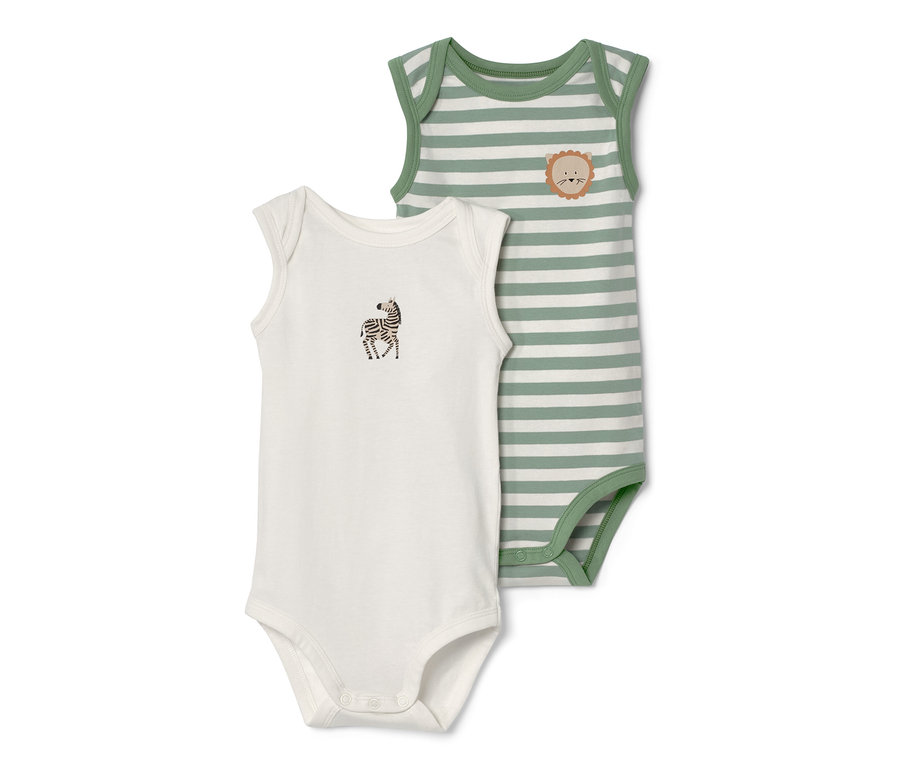 Két állítható hosszúságú body csecsemőknek: egy fehér zebrával, egy zöld csíkos oroszlánnal.