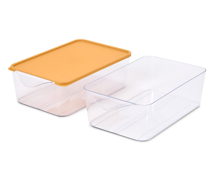 Két átlátszó tárolódoboz, egyikük narancssárga fedővel.