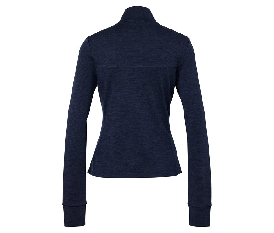 Sötétkék női hosszú ujjú pulóver hátulnézetből.
