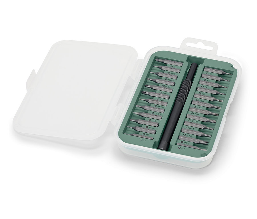 Precíziós csavarhúzó készlet műanyag tokban.