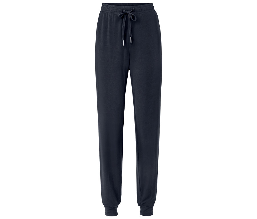 Sötétkék színű, húzózsinóros jogging alsó.