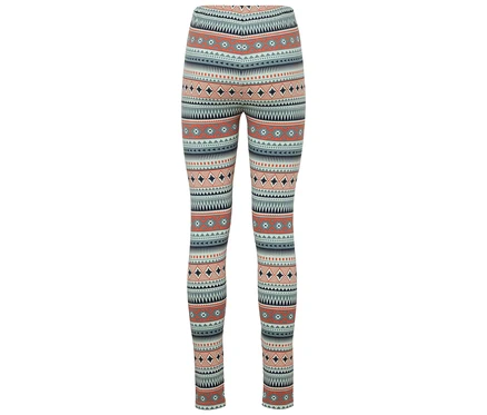 Narancssárga, kék és szürke árnyalatú, geometrikus mintás, teljes alakot fedő leggings.