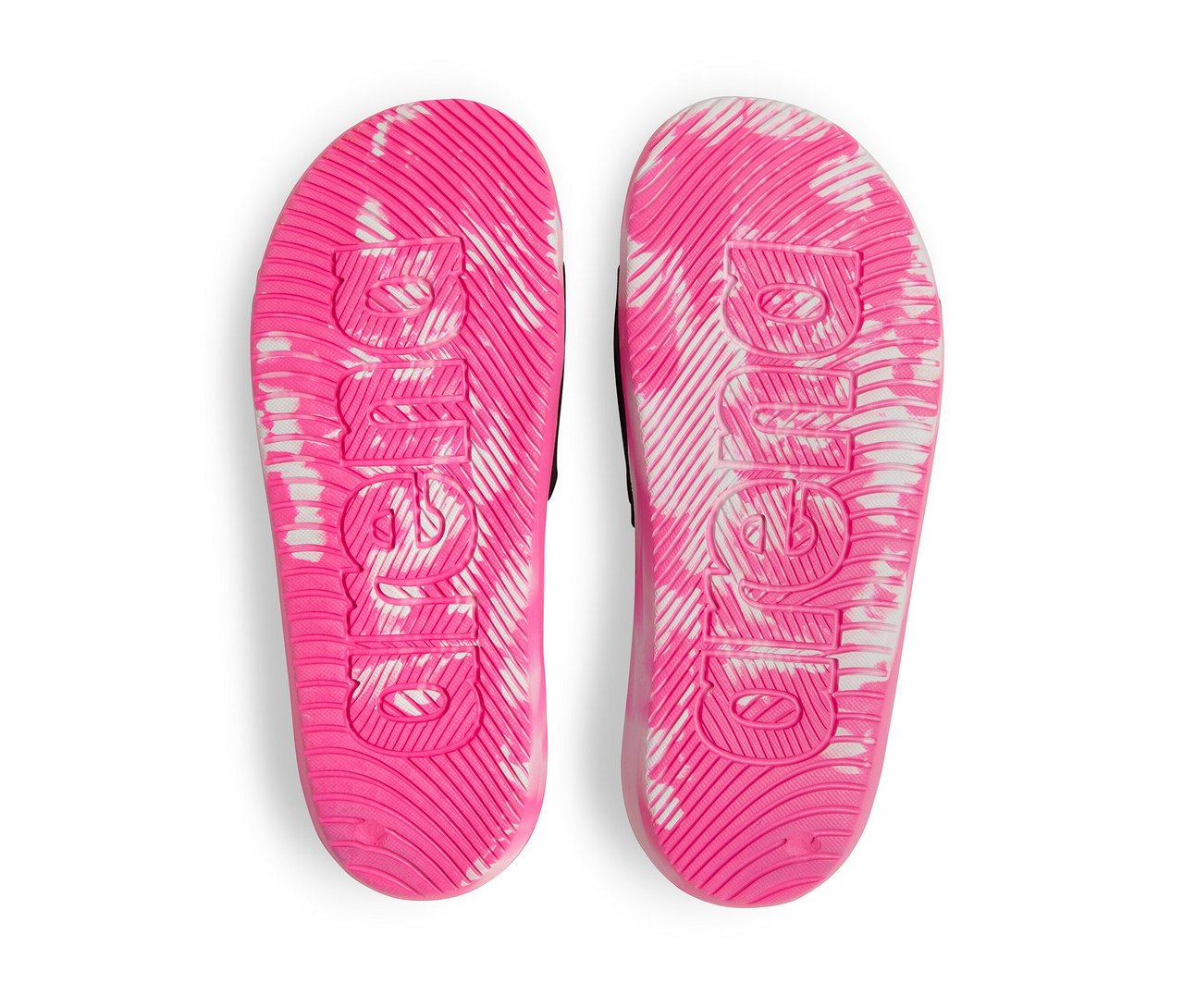 Két pink arena márkájú Junior Urban Active strandpapucs gyerekeknek, fehér mintával és logóval.