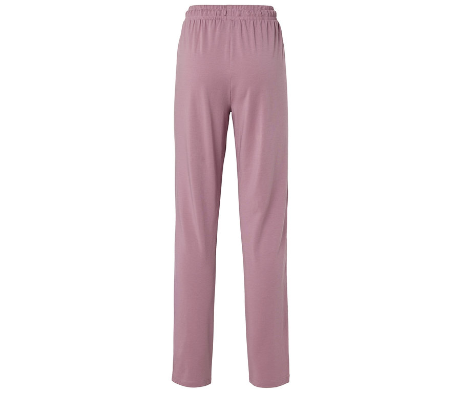 Hátulnézet egy világos lila, gumis derekú nadrágról.