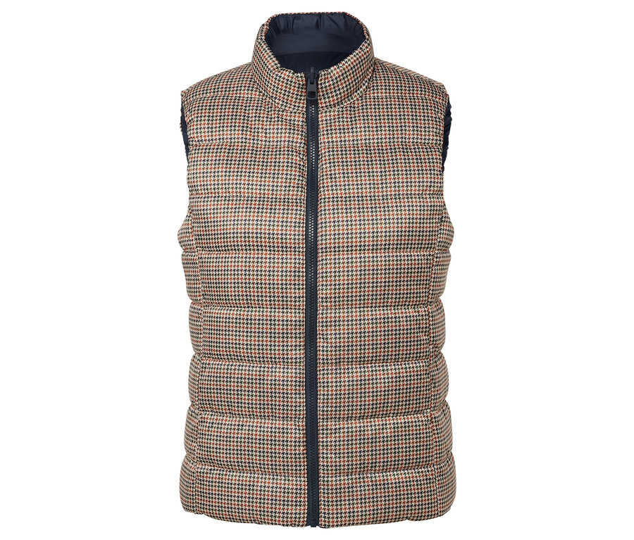 Steppelt mellény barna-fekete tyúkláb mintával.