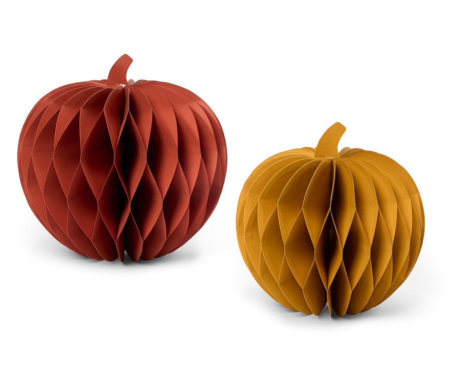 Két dekoratív méhsejt papír tök, egy vörösbarna és egy mustársárga.
