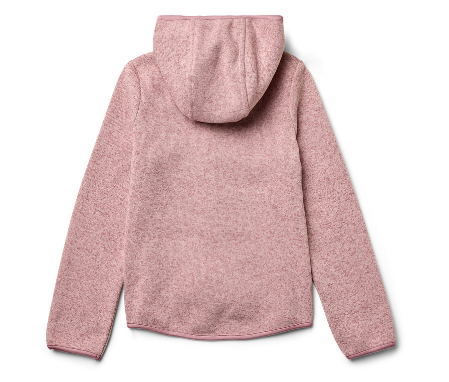 Rózsaszín kapucnis pulóver hátulnézetből.