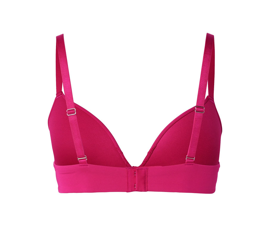 Egy fukszia színű, puha kosaras melltartó részlete hátulról.
