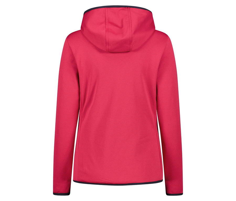 Hátulnézet egy rózsaszín kapucnis pulóverről.