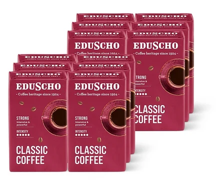 Eduscho Classic őrölt kávé csomagok több sorban elrendezve.
