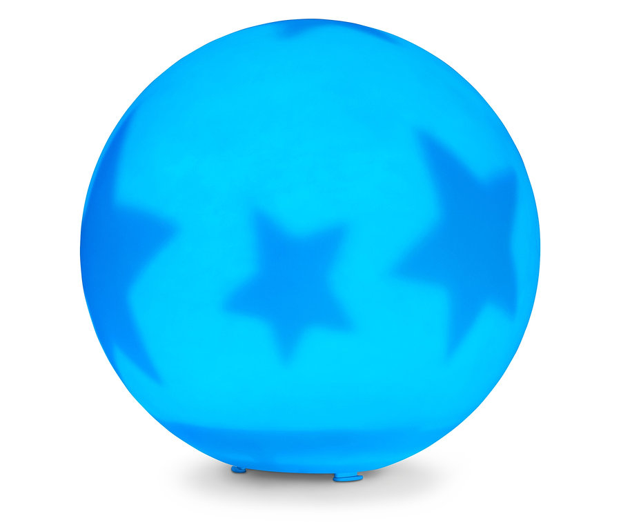 Kék, gömb alakú éjszakai fény csillagokkal, fehér háttérrel.