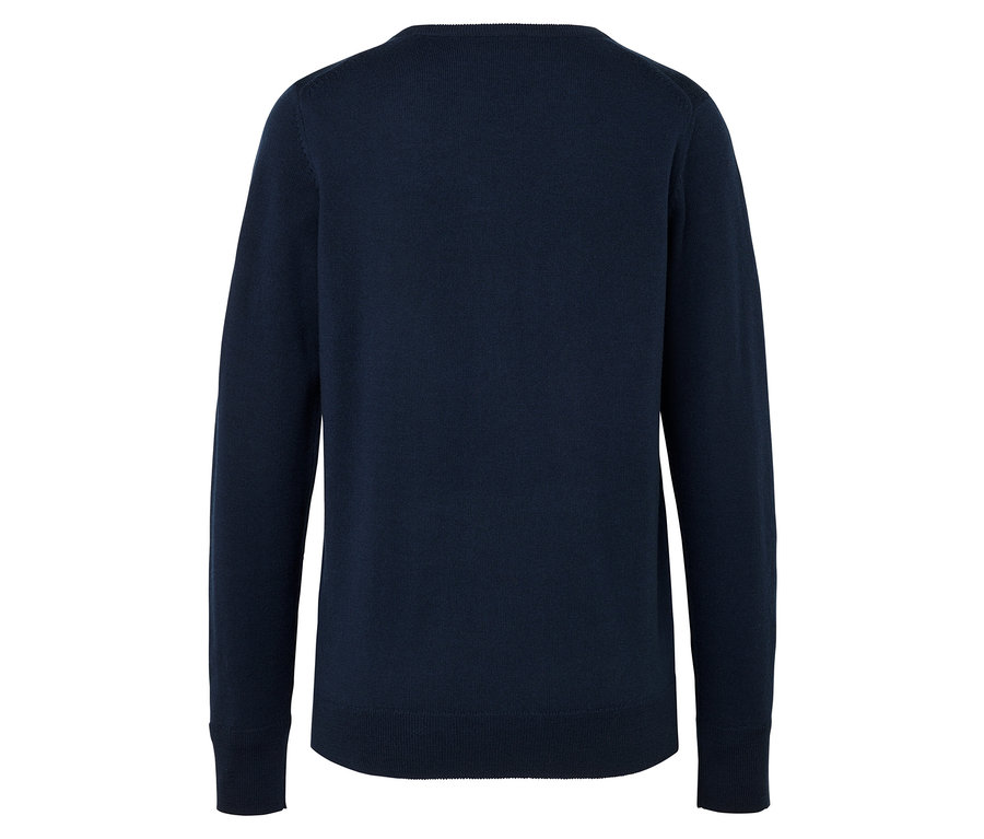 Sötétkék, kötött, hosszú ujjú pulóver.