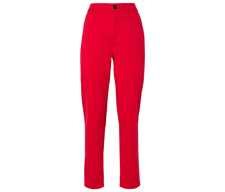 Piros, magas derekú, gombos záródású szövetnadrág.