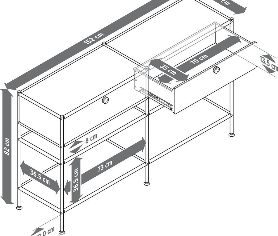 Egy fém konzolasztal rajza »CN3« 2 fiókkal, a méreteket mutatja.