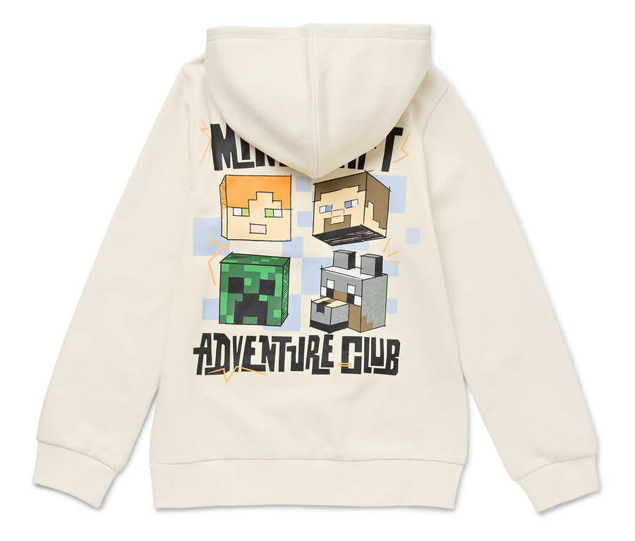 Hátulnézet egy krémszínű kapucnis pulóverről Minecraft karakterekkel és az "Adventure Club" felirattal.