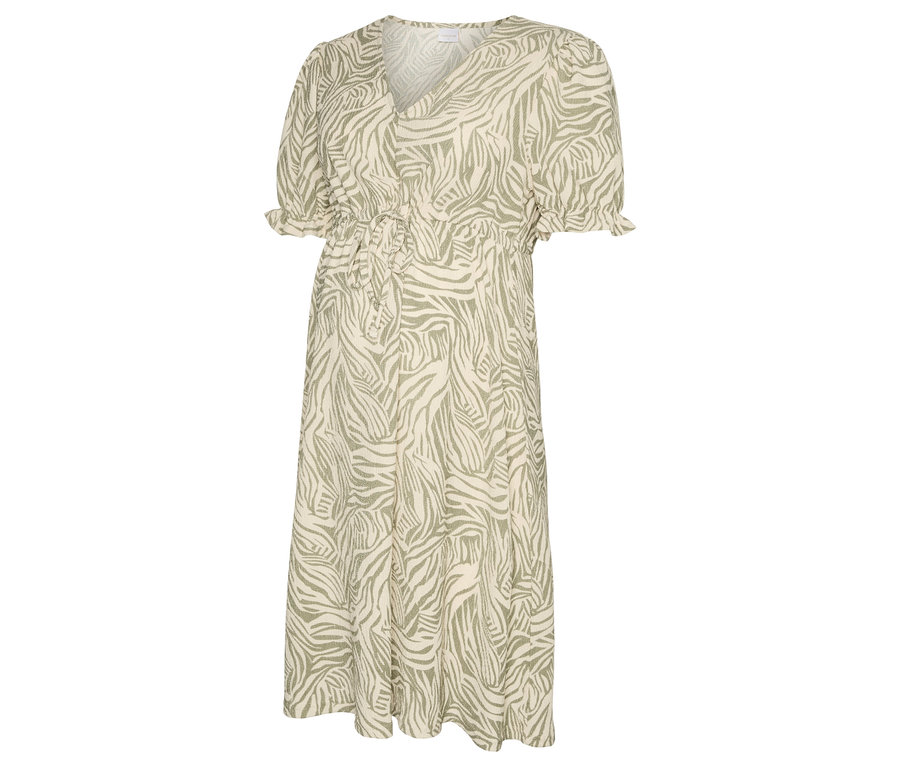 Egy hosszú, világos színű, zöld zebracsíkos mintájú, V-nyakú, rövid ujjú, derekánál húzott ruha.