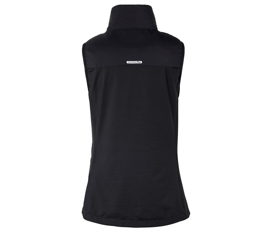 Fekete, ujjatlan mellény magas nyakkal és cipzárral.