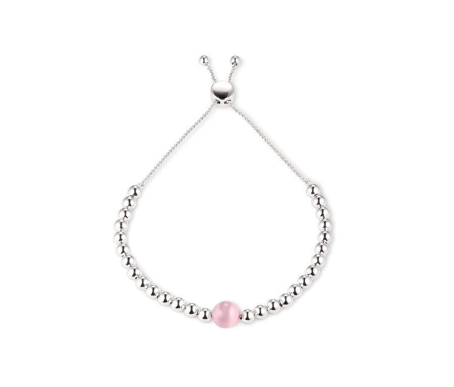Ezüstszínű karkötő rózsaszín gyönggyel.
