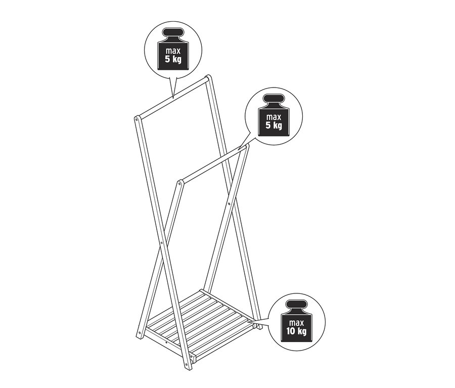 Egy összecsukható fa ruhaállvány illusztrációja.