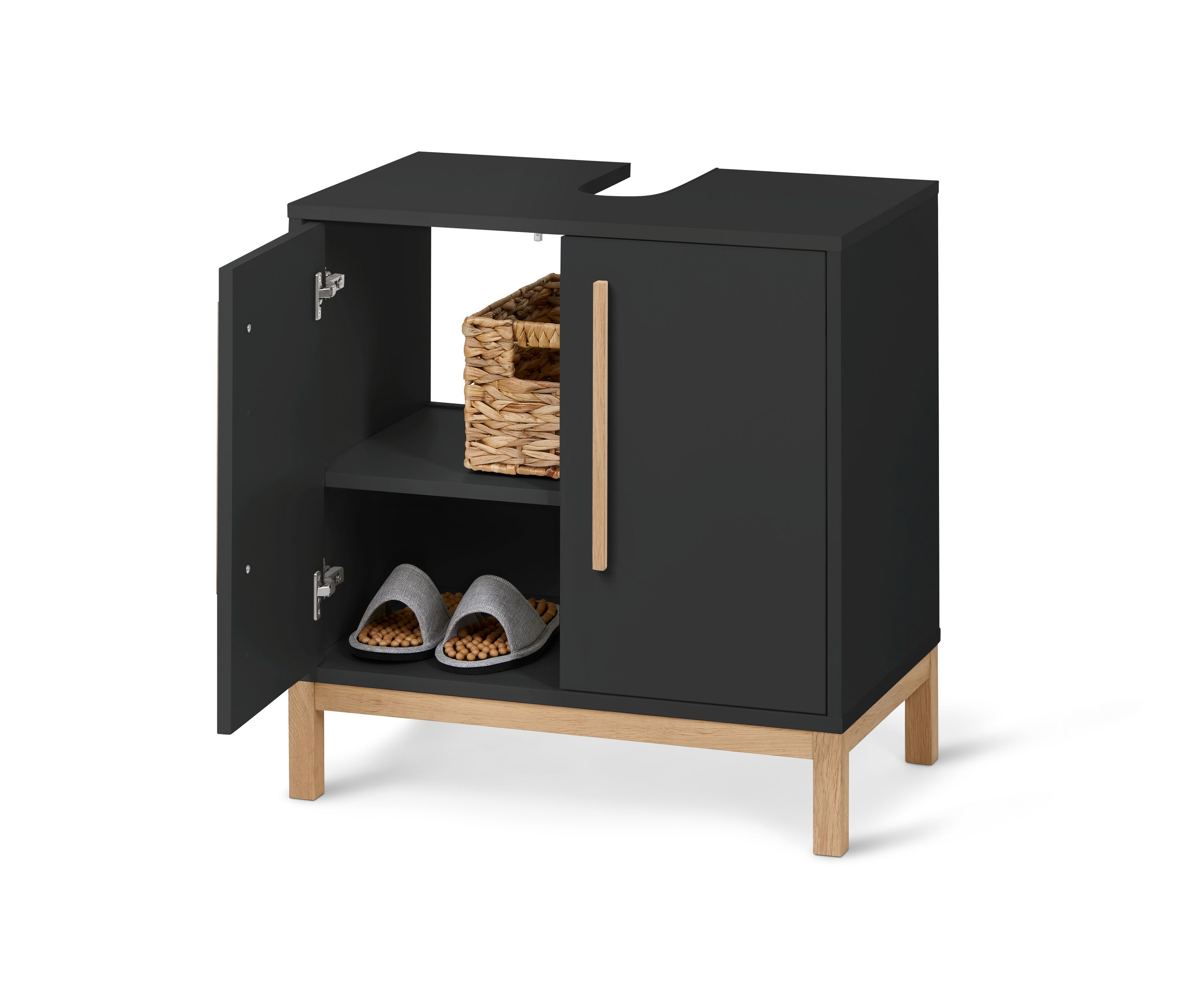 Antracit színű »Eklund« mosdó alatti szekrény nyitott ajtóval, belül kosár és papucsok.
