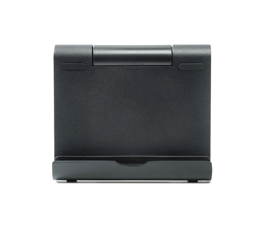 Egy fekete okostelefon- és táblagéptartó állvány közeli képe.