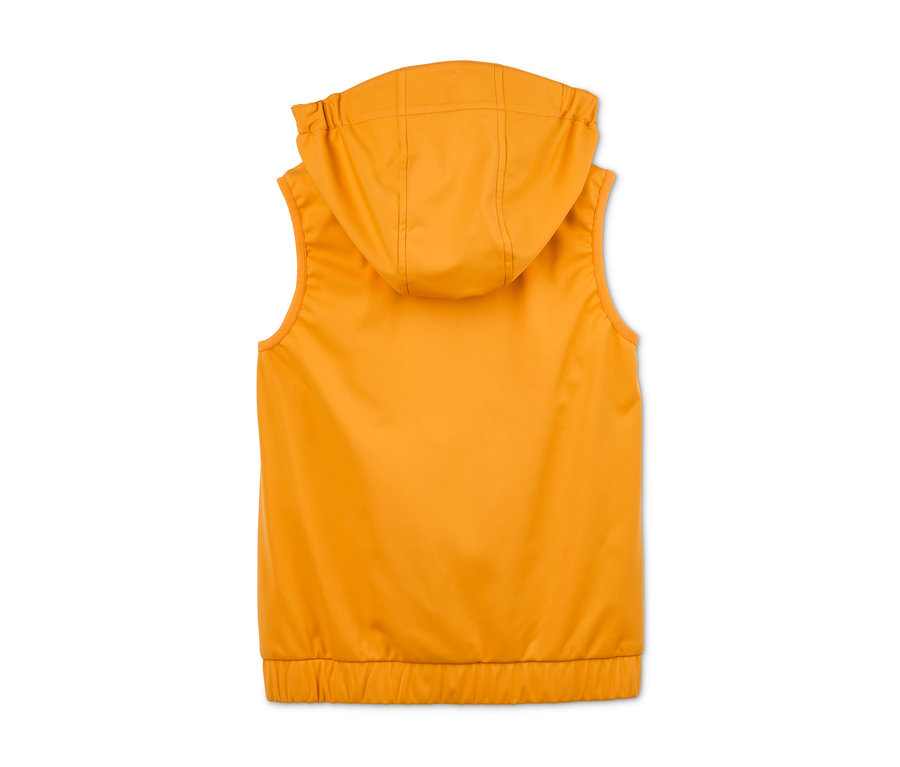 Hátulról egy sárga, újrahasznosított anyagból készült hibrid softshell mellény kapucnival.