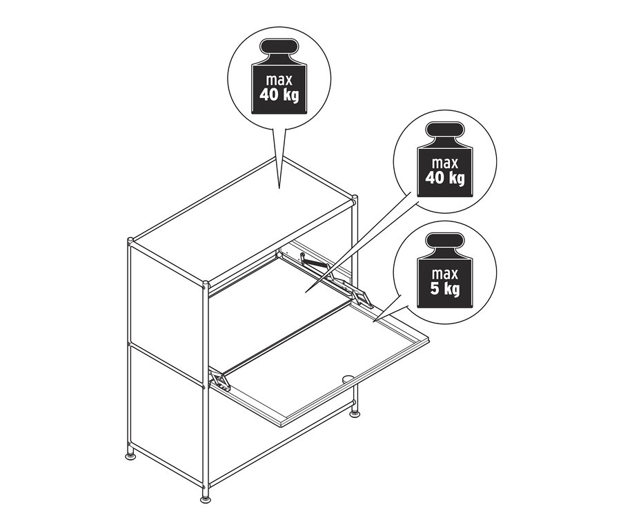 Fém komód CN3 rajza, lenyíló ajtókkal. A felső rész maximális terhelése 40 kg, a lenyíló ajtóké 5 kg.