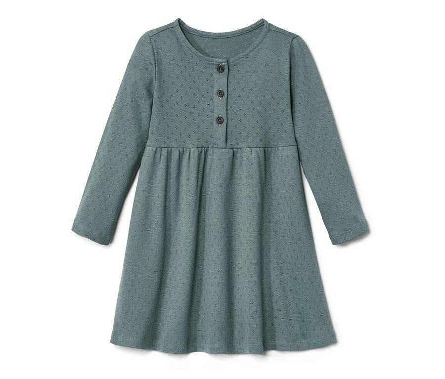 Kék kisgyerek ruha hosszú ujjakkal és gombokkal.