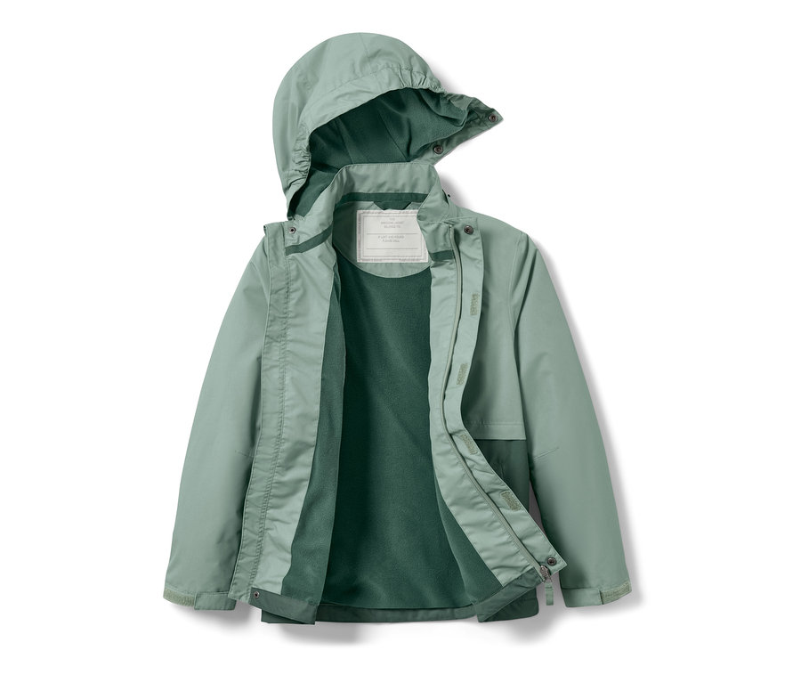 Nyitott, világoszöld gyerekkabát minden időjárásra, kapucnival.