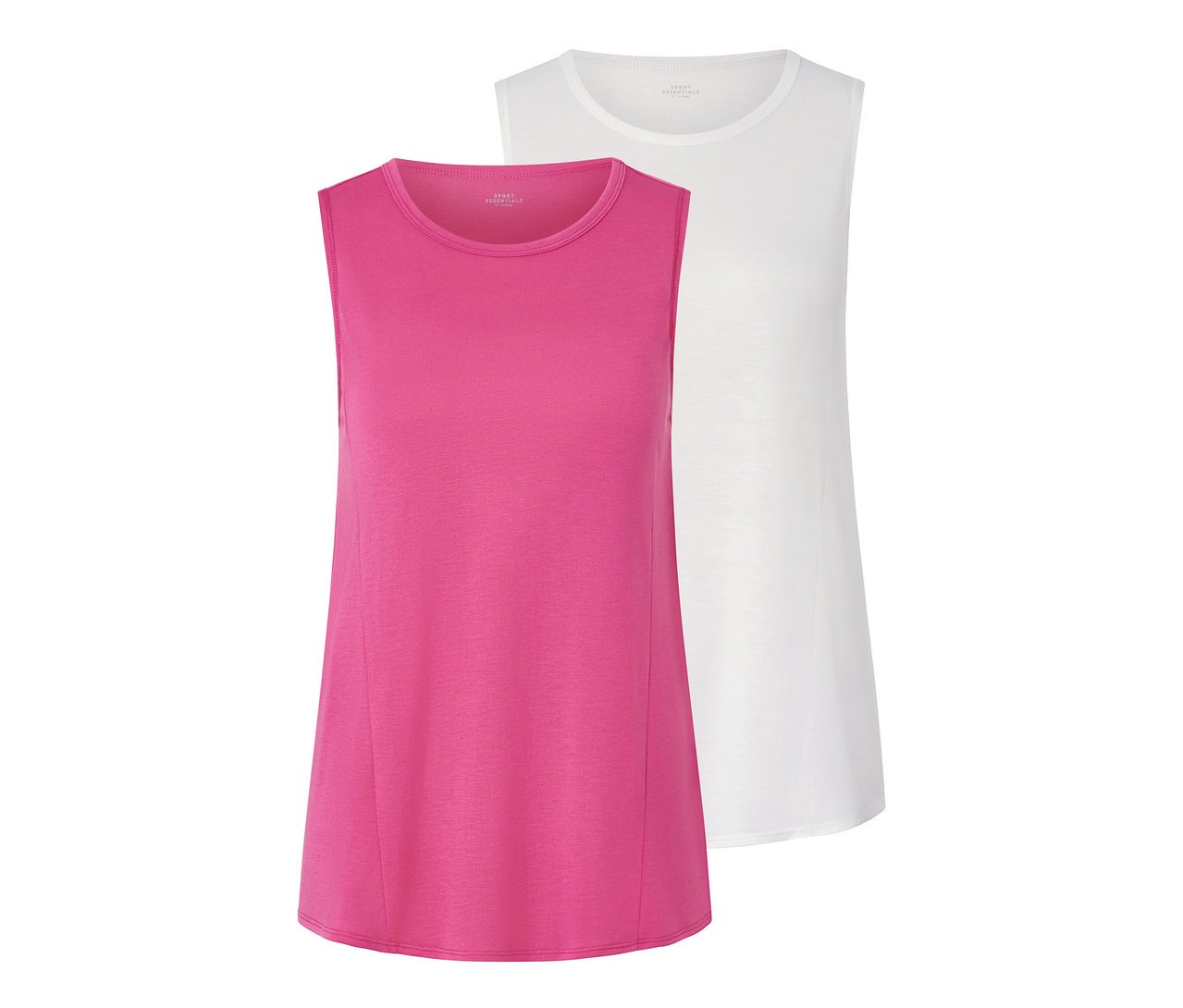 Két női sporttop szettben, egy pink és egy fehér.