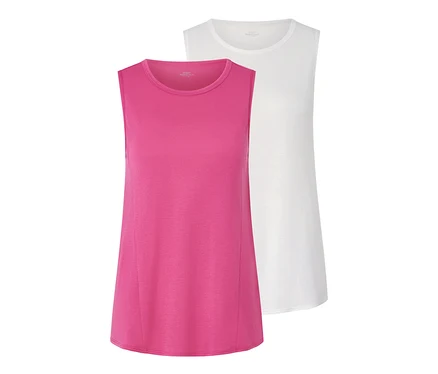 Két női sporttop szettben, egy pink és egy fehér.