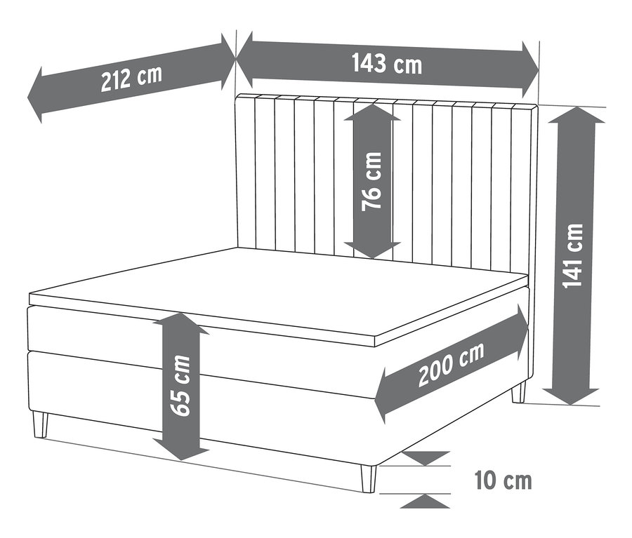 Ábra egy boxspring ágyról, 140 x 200 cm, 65 cm magas, 76 cm magas fejtámlával és 141 cm teljes magassággal.