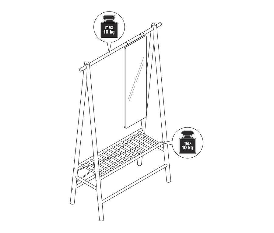 Egy fa ruhaállvány rajza tükörrel és alsó polccal. A felső rúd és az alsó polc maximális terhelhetősége 10 kg.