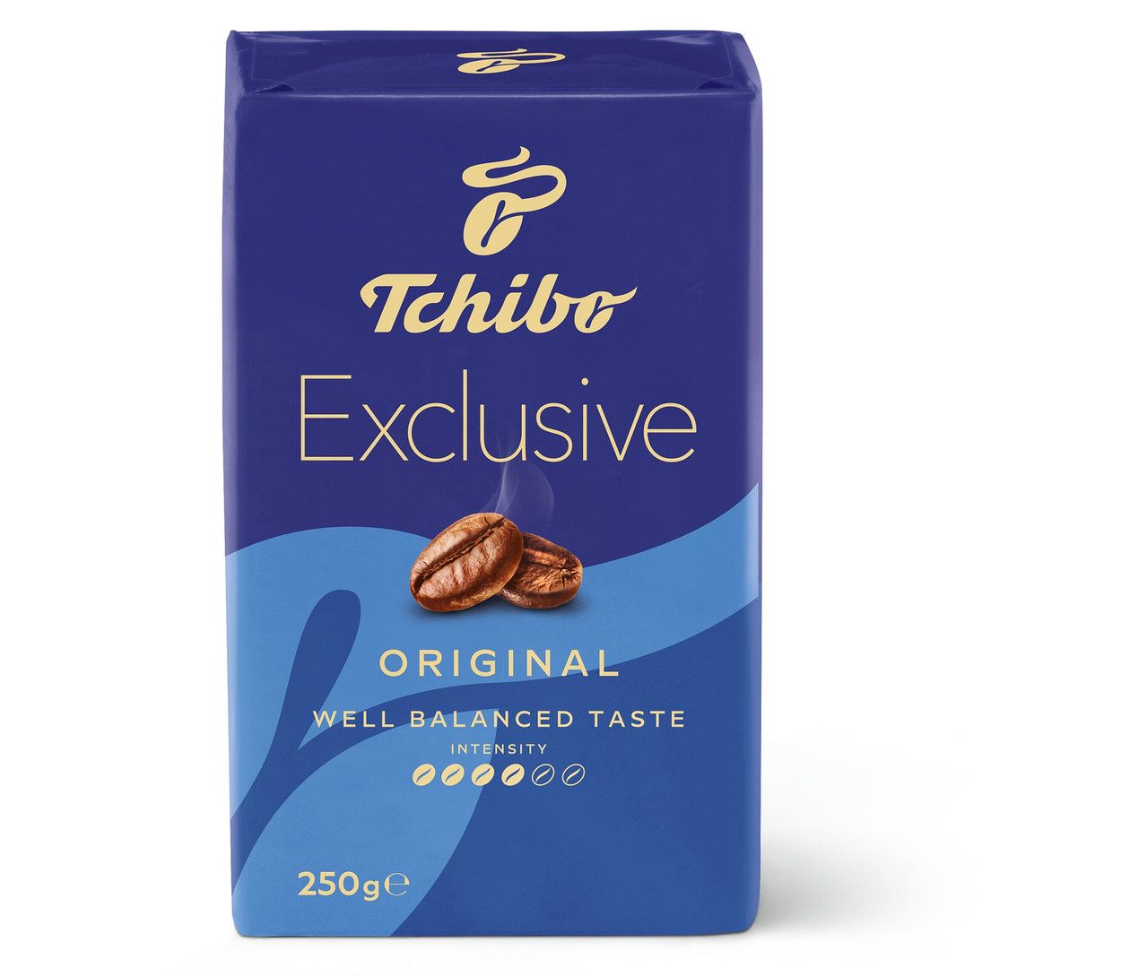 Egy csomag Tchibo Exclusive őrölt kávé, 250 g, kék csomagolásban.