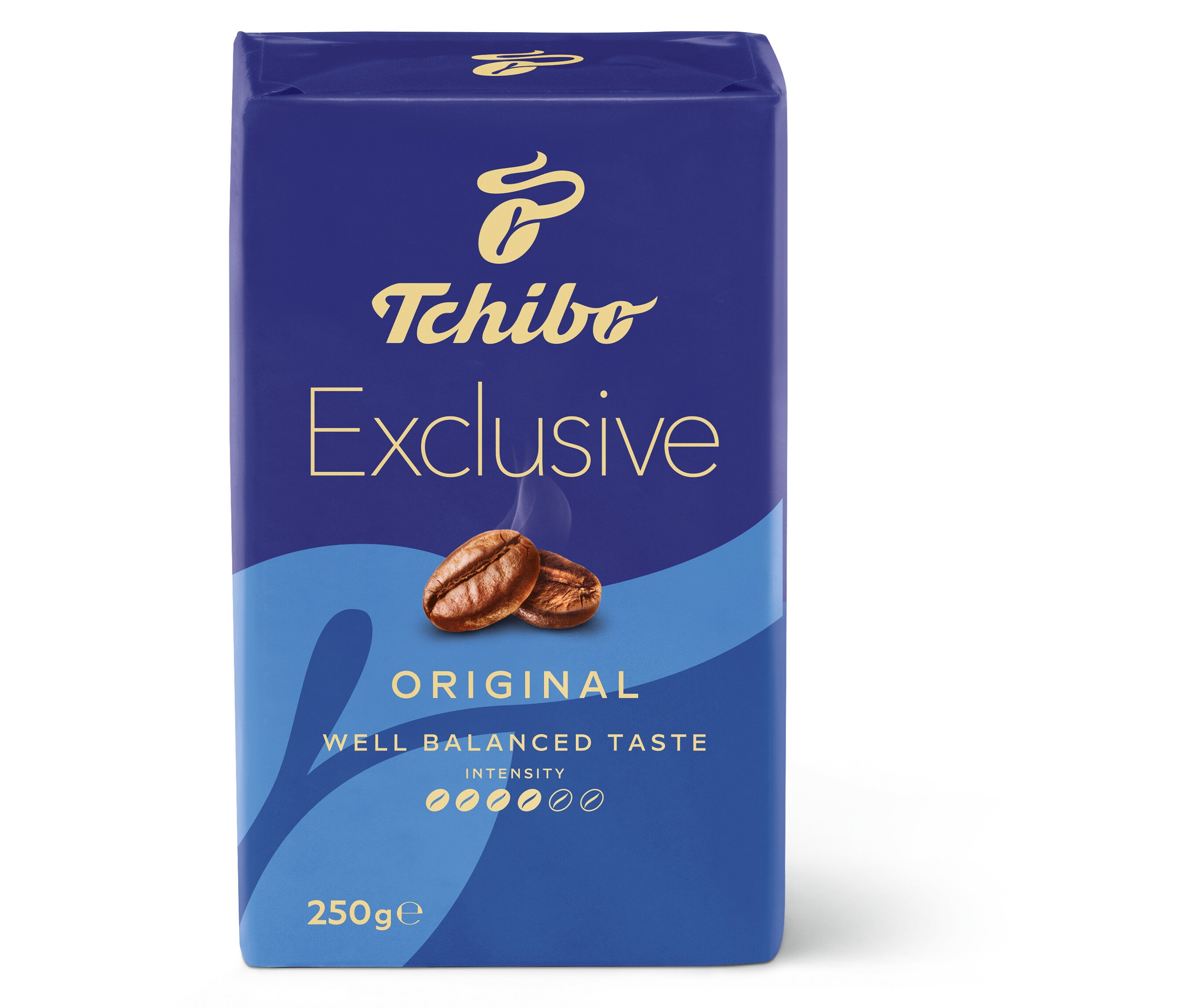 Egy csomag Tchibo Exclusive őrölt kávé, 250 g, kék csomagolásban.
