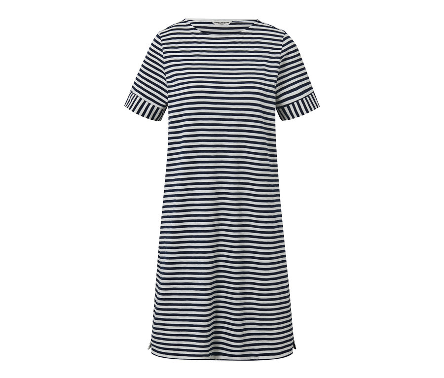 Csíkos jersey ruha rövid ujjakkal.